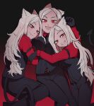  3girls :3 :d animal_ears belt black_belt black_gloves black_necktie black_pants black_suit black_vest breasts cerberus_(helltaker) collared_shirt commentary demon_girl demon_tail dog_ears dog_girl english_commentary fang feet_out_of_frame gloves gradient_background grin helltaker highres hug long_hair long_sleeves looking_at_viewer multiple_girls necktie open_mouth pants red_eyes red_shirt shirt siblings simple_background sisters smile smug suit tail triplets vest white_hair xcrowe 
