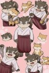  1boy aged_down animal_ears blush brown_fur chibi commentary_request dog dog_boy dog_ears dog_tail floral_print furry furry_male hakama highres holding holding_sword holding_weapon hug japanese_clothes male_focus moritaka_(housamo) multiple_views peony_print red_hakama shiba_inu shirt sword tail tokyo_afterschool_summoners weapon white_shirt wooden_sword zhymao 