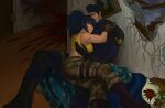  blood coat commission crying death destruction father_and_child father_and_daughter hand_on_another's_back hand_on_another's_head hand_on_another's_shoulder hat heidern highres hug lasupay3 leona_heidern military_coat military_hat military_uniform parent_and_child sad sitting snk tactical_clothes the_king_of_fighters 