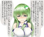  1girl breasts commentary_request detached_sleeves frog frog_hair_ornament green_eyes green_hair hair_ornament hair_tubes isshin_(sasayamakids) japanese_clothes kochiya_sanae large_breasts long_hair snake snake_hair_ornament tearing_up tears touhou translated 