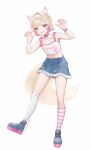  1girl absurdres animal_ear_fluff animal_ears armpits blonde_hair blue_eyes bracelet claw_pose commentary denim denim_skirt dog_ears dog_tail english_commentary full_body hair_ornament hands_up highres hololive hololive_english jewelry looking_at_viewer mococo_abyssgard mococo_abyssgard_(casual) padoruu short_hair simple_background skirt socks solo standing tail tank_top twitter_username virtual_youtuber white_background x_hair_ornament 