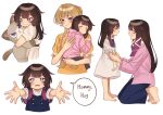  3girls alternate_costume artist_name barefoot black_hair black_ribbon blazer blue_eyes blue_pants blush bright_pupils brown_hair calermine carrying carrying_person child closed_eyes closed_mouth columbina_(genshin_impact) commentary contemporary cropped_torso dress english_commentary english_text frilled_sleeves frills genshin_impact hair_ribbon highres hood hoodie if_they_mated jacket kneeling long_hair long_sleeves looking_at_another mother_and_child mother_and_daughter multicolored_hair multiple_girls multiple_views neck_ribbon open_mouth orange_dress outstretched_arms outstretched_hand pants parent_and_child pink_hoodie pink_jacket puffy_short_sleeves puffy_sleeves purple_eyes purple_hair ribbon sandrone_(genshin_impact) science_babies shirt short_sleeves simple_background smile speech_bubble standing streaked_hair two-tone_hair white_background white_dress white_pupils white_ribbon white_shirt wife_and_wife 