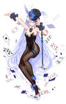  adjusting_clothes adjusting_hat animal_ears ankle_bow ankle_ribbon arm_up bare_shoulders black_hat black_legwear black_leotard blue_bow blue_hair blurry blush bow bowtie breasts bunny_ears bunnysuit card cleavage club_(shape) collarbone covered_navel depth_of_field detached_collar diamond_(shape) earrings frills full_body hair_over_one_eye hand_on_headwear hat hat_bow heart high_heels jewelry leg_garter leotard long_hair looking_at_viewer medium_breasts original outstretched_arm pantyhose parted_lips playing_card ribbon shoes simple_background solo spade_(shape) strapless strapless_leotard striped striped_bow striped_neckwear top_hat very_long_hair white_background white_footwear wrist_cuffs xiaoshou_xiansheng 