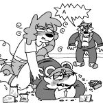 anthro ass_up bite biting_lip blush bodily_fluids bottomless canid canine canis clothed clothed_sex clothing cum dialogue doggystyle domestic_dog drunk_sex eye_roll female food footwear fox freoncat from_behind_position genital_fluids group harrod_(normalsville) heart_symbol hot_dog leaking_cum male male/male mammal monochrome mouse murid murine normalsville peter_(normalsville) poodle rodent sex shirt socks third-party_edit topwear trio zoey_(normalsville)