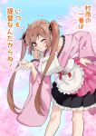  1girl black_skirt blowing_kiss blue_sky brown_eyes brown_hair cherry_blossoms commentary_request hand_on_own_hip highres japanese_clothes kantai_collection kimono leaning_forward long_hair maid murasame_(kancolle) one_eye_closed pink_kimono pleated_skirt second-party_source skirt sky solo standing translation_request twintails wa_maid yukimi_neko 