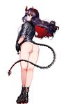  ass bare_legs black_hair black_jacket blush breasts bubble_blowing chewing_gum demon_horns demon_tail facepaint from_behind full_body hair_between_eyes hand_in_pocket heart horns jacket legs_together long_hair looking_at_viewer looking_back medium_breasts multicolored_hair no_pants open_clothes open_jacket original panties red_eyes red_hair short_sleeves solo standing tail thigh_gap two-tone_hair underwear unzipped very_long_hair wavy_hair white_panties wristband xiaoshou_xiansheng 