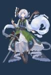  1girl absurdres alternate_costume black_bow black_bowtie black_hairband blue_background blue_eyes boots bow bowtie brown_boots bug butterfly chinese_commentary collared_shirt commentary_request full_body green_vest grey_hair hairband handong_luhuo highres hitodama hitodama_print holding holding_sword holding_weapon katana konpaku_youmu konpaku_youmu_(ghost) lace-up_boots long_sleeves overskirt puffy_long_sleeves puffy_sleeves sheath sheathed shirt short_hair simple_background skirt solo sword sword_on_back touhou vest weapon weapon_on_back white_shirt white_skirt 