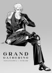  1boy arm_support artist_name beer_bottle bottle character_name chiamo_(lmc_clm) chinese_commentary commentary_request fate/grand_order fate_(series) figure_four_sitting gradient_background greyscale groin highres holding holding_bottle invisible_chair jewelry looking_at_viewer male_focus monochrome nail_polish necklace open_mouth pants sandals short_hair shoulder_tattoo simple_background sitting solo sunglasses tank_top tattoo tezcatlipoca_(fate) toenail_polish toenails torn_clothes torn_pants 