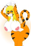  2016 anthro areola armpits arms_above_head big_breasts black_nose blonde_hair breasts feline female fur green_eyes hair hi_res huge_breasts long_hair looking_at_viewer mammal niis nipples nude orange_fur pink_nipples signature simple_background smile solo striped_fur stripes tabytha thick_thighs tiger voluptuous white_background white_fur wide_hips 