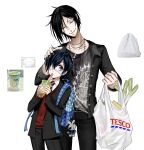  2boys absurdres animal_charm backpack bag bag_charm belt black_hair blazer blue_eyes bubble_tea charm_(object) ciel_phantomhive closed_eyes collared_shirt commentary contemporary cross cross_necklace cup disposable_cup drink drinking drinking_straw drinking_straw_in_mouth earrings english_commentary english_text eyepatch grin hand_on_another's_head highres holding holding_bag holding_cup holding_drink jacket jewelry kuroshitsuji long_sleeves looking_up male_focus medical_eyepatch meme_inset multiple_boys nail_polish necklace necktie open_clothes open_jacket photo_inset plastic_bag print_shirt rabbit_charm sebastian_michaelis shirt shopping_bag short_hair smile striped_clothes striped_necktie stud_earrings sweater tesco wormy_owo 