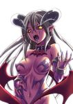  areola_slip areolae bat_necklace breasts bridal_gauntlets collar covered_nipples demon_girl demon_horns demon_wings fangs gattsun grey_hair hair_between_eyes horns jewelry long_hair looking_at_viewer low_wings medium_breasts nail_polish navel open_mouth pink_skin pointy_ears purple_nails revealing_clothes ring solo white_background wings yellow_eyes 