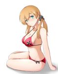  anchor_symbol arms_at_sides bangs bare_arms bare_legs bare_shoulders bikini black_ribbon blonde_hair breasts cleavage closed_mouth collarbone commentary_request eyebrows_visible_through_hair foreshortening full_body head_tilt highres iron_cross kantai_collection long_hair looking_at_viewer looking_to_the_side low_twintails medium_breasts mono_(mono60) navel no_headwear prinz_eugen_(kantai_collection) red_bikini ribbon side-tie_bikini simple_background sitting smile solo stomach strap_gap string_bikini swimsuit tareme twintails white_background yokozuwari 