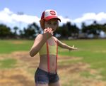  1girl 3dcg 90s grass hat highres holding hotpants kasumi loli looking_at_viewer mayomaru nintendo outdoors photorealistic pokeball pokemon pokemon_(anime) short_hair sky solo suspenders tank_top 