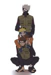  3boys black_gloves black_headband black_mask black_pants black_shirt black_shoes blonde_hair blue_headband blue_shoes brown_hair carrying child closed_eyes facial_mark flak_jacket full_body gloves green_vest grey_hair hand_in_pocket hatake_kakashi headband headband_over_one_eye highres jacket jumpsuit konohagakure_shinobi_uniform konohagakure_symbol male_focus mask medium_hair mouth_mask multiple_boys naruto_(classic) naruto_(series) okkninjjam open-toe_shoes open_mouth orange_jacket orange_jumpsuit orange_pants pants parted_lips piggyback ponytail scar scar_on_face scar_on_nose shirt shoes short_hair smile spiked_hair squatting standing sweatdrop umino_iruka uzumaki_naruto vest whisker_markings white_background 
