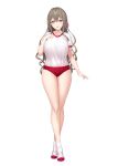  1girl absurdres ankle_socks blush breasts buruma collarbone commentary_request crossed_ankles crossed_legs fingernails full_body grey_eyes grey_hair gym_shirt gym_uniform hair_between_eyes hair_ribbon hand_on_own_chest highres invisible_floor junketsu_seijo_kisstiana kamizono_shiori large_breasts large_variant_set loafers long_hair looking_at_viewer open_mouth pink_ribbon puffy_short_sleeves puffy_sleeves red_buruma red_shoes red_trim ribbon satou_kuuki shirt shirt_tucked_in shoes short_sleeves sidelocks simple_background smile socks solo standing straight-on tachi-e tented_shirt thick_thighs thighs variant_set very_long_hair wavy_hair white_background white_shirt white_socks 