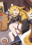  1girl absurdres animal_ears animal_print black_shorts blonde_hair cat commentary_request fangs green_eyes highres indoors ju_fufu long_hair multicolored_hair odd_(hin_yari) open_mouth shorts sidelocks solo thigh_strap tiger_ears tiger_girl tiger_print zenless_zone_zero 