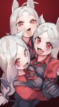  animal_ears black_necktie black_pants black_vest breasts breasts_squeezed_together cerberus_(helltaker) collared_shirt commentary_request demon_tail dog_ears dog_girl fang from_above helltaker highres holding_hands interlocked_fingers kemonomimi_mode long_hair looking_at_viewer low-tied_long_hair medium_breasts msms1912718 necktie open_mouth pants parted_bangs red_eyes red_shirt shirt tail tongue tongue_out triplets upper_body vest waistcoat white_hair 