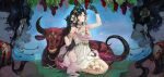  1girl anjo_nala anjo_nala_(forbidden_fruit) apple arm_up artist_logo bare_shoulders black_hair blue_background breasts bull cleavage demon_girl demon_horns dress food fruit full_body gloves gold_choker grape_juice grapes grass green_gloves green_horns hands_up highres holding holding_food holding_fruit horns juice kneeling lizard_tail logo long_hair looking_up open_mouth pink_tail portrait purple_eyes reverse:1999 sandkessho short_dress sleeveless sleeveless_dress smile tail white_dress 