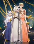  1boy 3girls ahoge animal_ears belno_light_(umamusume) blue_eyes blue_hairband blue_skirt blush breasts brown_hair brown_jacket brown_necktie closed_mouth collared_shirt commentary dress ear_covers ear_ribbon english_commentary grey_dress grey_hair grey_tail hair_between_eyes hair_ornament hairband hakamii hand_on_another's_head hat headband highres holding holding_trophy horse_ears horse_girl horse_tail jacket kitahara_jou letter_hair_ornament long_hair long_sleeves medium_breasts microphone microphone_stand multicolored_hair multicolored_hairband multiple_girls necktie oguri_cap_(umamusume) open_mouth orange_dress red_headband shirt short_hair skirt sleeveless sleeveless_dress small_breasts smile striped_clothes striped_hairband tail tamamo_cross_(umamusume) teeth trophy two-tone_hair two-tone_hairband umamusume umamusume:_cinderella_gray white_hair white_shirt 