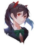  black_hair black_jacket bow bowtie closed_mouth green_bow green_neckwear hair_between_eyes hair_ribbon highres jacket long_hair looking_at_viewer love_live! love_live!_school_idol_project otonokizaka_school_uniform portrait red_eyes red_ribbon ribbon school_uniform signature simple_background smile sola7764 solo twintails white_background yazawa_nico 