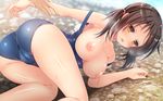  all_fours ass blush breasts brown_eyes brown_hair game_cg grass ground heavy_breathing holding_arm inakan_~kiseki_no_ikigami_power_de_junboku_musume_ni_love_chuunyuu~ large_breasts looking_at_viewer low_twintails nipples one-piece_swimsuit oohara_nodoka open_mouth school_swimsuit short_hair sorai_shin'ya strap_slip sweat swimsuit twintails 
