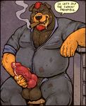  animal_genitalia animal_penis anthro balls beard canine canine_penis cigar clothed clothing dog dramamine drooling erection facial_hair goatee hi_res knot male mammal overweight partially_clothed penis precum red_eyes rottweiler saliva smoke smoking solo 