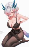  1girl absurdres arknights arknights:_endfield black_bra black_panties black_pantyhose blue_horns blush bra breasts colored_tips commentary_request grey_hair hair_over_one_eye highres horns lace lace_bra large_breasts medium_hair mi_fu_(arknights) mole mole_under_eye multicolored_hair panties pantyhose pink_hair pointy_ears removing_bra seiza simple_background sitting solo sweatdrop thighhighs thighhighs_over_pantyhose underwear underwear_only uof white_background 