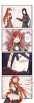  4koma anger_vein ass_visible_through_thighs bell black_gloves black_hair black_legwear blood blue_eyes blush braid breasts chikujouin_magane cleavage_cutout comic earrings emphasis_lines gloves grin hair_between_eyes highres inui_sanagi jewelry long_hair multiple_girls nosebleed pleated_skirt profile pubic_hair pussy re:creators red_hair school_uniform selesia_upitiria sharp_teeth silent_comic single_braid skirt smile spoken_anger_vein teeth thighhighs torii_earrings very_long_hair yuri 