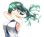  armpits bangs bare_arms breasts closed_eyes frog_hair_ornament green_hair hair_ornament hair_tubes highres kochiya_sanae kz_oji large_breasts long_hair simple_background sleeveless snake_hair_ornament solo touhou upper_body white_background 