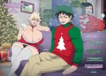  1boy 2girls alternate_breast_size_(larger) alternate_costume areola_slip bakugou_mitsuki bare_shoulders blonde_hair boku_no_hero_academia bottle breasts brown_pants bulge christmas_sweater christmas_tree cleavage closed_eyes contingency couch cup dress drinking_glass english_text erection erection_under_clothes green_hair green_sleeves highres holding holding_bottle holding_cup huge_breasts indoors looking_to_the_side midoriya_inko midoriya_izuku mother_and_child mother_and_son multiple_girls open_mouth pants parent_and_child red_dress red_sweater santa_costume santa_dress short_hair sitting spiked_hair strapless strapless_dress sweater teeth thighhighs upper_teeth_only white_thighhighs wine_glass 