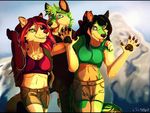  5_fingers anthro black_hair black_nose blue_eyes breasts canine clothed clothing day detailed_background dog female green_eyes green_hair group hair husky male mammal midriff navel open_mouth outside red_nose smile standing tai_lung_(artist) teeth tongue 