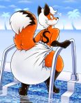 abdl anthro big_diaper black_body black_fur blush canid canine clean_diaper clothed clothing diaper diaper_fetish fox fur hair huge_diaper hyper_diaper male mammal mapimoo_(artist) orange_body orange_fur palm_tree plant red_fox solo swim_diaper swimming_pool tattoo tree true_fox wearing_diaper white_body white_fur white_hair xander_stock(diapered)