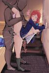  1boy 1girl absurdres bald bar_censor bedroom black_socks blue_jacket breasts censored closed_eyes clothed_female_nude_male commentary_request dark-skinned_male dark_skin faceless faceless_male hetero highres interracial jacket love_live! love_live!_school_idol_project nishikino_maki nude open_mouth otonokizaka_school_uniform panties panties_around_one_leg penis pussy red_hair school_uniform sex socks split standing standing_on_one_leg standing_sex standing_split underwear vaginal wewe 