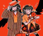  alternate_costume black_hair camera hat highres holding holding_camera looking_at_viewer molly_yancey one_eye_closed red_background red_eyes shameimaru_aya smile tokin_hat touhou wings 