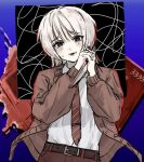  1boy belt blue_background brown_belt brown_cardigan brown_eyes brown_necktie brown_pants cardigan collared_shirt dress_shirt hands_up holding holding_knife knife male_focus necktie nervous_smile pants saihate_eki shirt smile solo sweat tatsunami_shion ticket upper_body white_hair white_shirt zuacso 