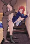  1boy 1girl absurdres bald bar_censor bedroom black_socks blue_jacket breasts censored clothed_female_nude_male commentary_request dark-skinned_male dark_skin faceless faceless_male hetero highres interracial jacket love_live! love_live!_school_idol_project nishikino_maki nude open_mouth otonokizaka_school_uniform panties panties_around_one_leg penis purple_eyes pussy red_hair school_uniform sex socks split standing standing_on_one_leg standing_sex standing_split underwear vaginal wewe 