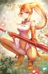  animal_ears blonde_hair bracelet circlet covered_nipples dolce_(dolsuke) elbow_gloves gloves golden_snub-nosed_monkey_(kemono_friends) high_ponytail highleg highleg_leotard holding holding_staff jewelry kemono_friends leotard long_hair looking_at_viewer monkey_ears monkey_tail multicolored_hair orange_hair ponytail solo squatting staff tail thighhighs yellow_legwear yellow_leotard 