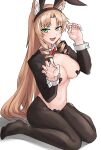  1girl alternate_costume animal_ear_fluff animal_ear_hairband animal_ears arknights black_hairband black_pantyhose blonde_hair bow bowtie breasts chinese_commentary claw_pose cleavage commentary_request fake_animal_ears fang fingernails full_body green_eyes hair_intakes hairband hands_up heart_pasties highres long_hair long_sleeves looking_at_viewer medium_breasts navel neti_(cpu11151) open_mouth pantyhose pasties rabbit_ear_hairband rabbit_ears red_bow red_bowtie reverse_bunnysuit reverse_outfit shrug_(clothing) simple_background sitting skin_fang solo swire_(arknights) traditional_bowtie wariza white_background 