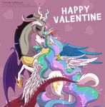  &lt;3 2015 blush discord_(mlp) draconequus duo equine feathered_wings feathers female feral friendship_is_magic holidays horn hug male mammal my_little_pony princess_celestia_(mlp) simple_background stepandy valentine&#039;s_day winged_unicorn wings 