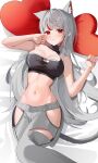  1girl :3 absurdres animal_ears asymmetrical_clothes bare_arms bare_shoulders black_shirt breasts cat_ears cleavage closed_mouth clothing_cutout crop_top fang grey_hair grey_pants heart heart-shaped_pillow highres hip_vent large_breasts long_hair looking_at_viewer lying midriff multicolored_hair navel neneko_mashiro on_back pants pillow red_eyes shirt sleeveless sleeveless_shirt smile solo stellive stomach streaked_hair very_long_hair virtual_youtuber yurakhan 