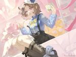  1girl absurdres black_shoes black_skirt blue_bow blue_sweater bow bowtie brown_hair chinese_commentary commentary_request dutch_angle ebizuka_tomo feet_out_of_frame footwear_bow gift girls_band_cry grey_socks grin hands_up hat highres holding holding_gift index_finger_raised indoors miniskirt red_eyes shoes short_hair sitting skirt smile socks solo stuffed_toy suspender_skirt suspenders sweater white_hat wu_fuzuoyong yellow_bow yellow_bowtie 