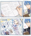  >_< 1boy 1girl :d alternate_universe black_cat black_jacket blue_eyes blue_hair blue_jacket blue_scarf border cat cloak closed_mouth commentary_request contemporary earrings frieren gakuran gold_medal grey_hair hair_between_eyes hand_to_own_mouth heart_hands_failure highres himmel_(sousou_no_frieren) holding holding_ice_cream_cone holding_pen holding_quill holding_trophy ice_cream_cone jacket jewelry light_smile mole mole_under_eye parted_bangs pen photo_(object) quill scarf school_uniform scrapbook selfie short_hair smile sousou_no_frieren sticker sword trophy twitter_username v weapon white_border white_cloak writing xd yamasuke040 