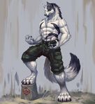  2016 anthro blue_eyes byowt canine clothed clothing fur male mammal pants solo standing topless wolf 