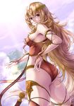  artist_name ass bare_shoulders blonde_hair breasts bridal_gauntlets circlet cloud commentary_request curly_hair day eyebrows_visible_through_hair from_behind gem long_hair looking_at_viewer looking_back medium_breasts original outdoors parted_lips ryou_(pix_gallerio) sky solo standing thighhighs tree very_long_hair yellow_eyes 