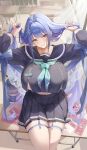  1girl absurdres arcana_(fortune_mate)_(nikke) arcana_(nikke) blue_eyes blue_hair blue_sailor_collar breasts classroom commentary_request curvy desk gainoob goddess_of_victory:_nikke grin hair_ornament highres holding_own_hair large_breasts long_hair looking_at_viewer midriff miniskirt name_tag navel neckerchief official_alternate_costume pleated_skirt sailor_collar school_desk school_uniform serafuku sitting skirt smile solo tented_shirt thighhighs very_long_hair white_thighhighs 