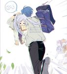  2boys 2girls :3 alternate_universe backpack bag black_bag black_pants blue_bag blue_hair bread bread_slice carrying child commentary_request contemporary falling_leaves fern_(sousou_no_frieren) food food_in_mouth fried_egg frieren himmel_(sousou_no_frieren) holding holding_umbrella leaf long_hair looking_at_another mouth_hold multiple_boys multiple_girls pants pantyhose parted_bangs parted_lips pleated_skirt purple_hair red_hair running school_uniform shirt short_hair shoulder_bag shoulder_carry skirt sousou_no_frieren stark_(sousou_no_frieren) toast toast_in_mouth twintails twitter_username umbrella watch white_shirt wristwatch yamasuke040 