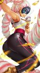  arms_(game) ass cup dark_skin drill_hair earrings goomrrat jewelry looking_at_viewer mask multicolored_hair pants silver_hair smile solo teacup tight tight_pants twin_drills twintails twintelle_(arms) two-tone_hair 