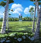  2001_a_space_odyssey absurdres birch_tree blue_sky cloud commentary_request day english_commentary flower flower_request forest glint highres korean_commentary laflas meadow mixed-language_commentary monolith_(object) mountainous_horizon nature outdoors reflection scenery sky tree white_flower 