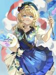  1girl absurdres beret blue_background blue_dress blue_eyes braid braided_bangs chinese_commentary choker commentary_request dated dress dress_flower flower green_hat grin hat highres holding holding_paint_palette holding_paintbrush kiperina looking_up medium_hair official_alternate_costume paint_palette paintbrush puffy_short_sleeves puffy_sleeves reverse:1999 short_sleeves smile solo upper_body white_choker white_flower wu_fuzuoyong 