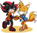 2017 absurd_res anthro black_nose canine clothing dipstick_tail duo eyes_closed eyewear footwear fox fur handshake happy hedgehog hi_res male mammal miles_prower multicolored_tail red_eyes sandals senshion shadow_the_hedgehog sonic_(series) sunglasses video_games white_fur yellow_fur 